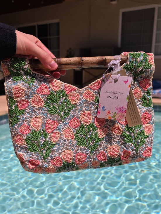 Handcrafted in India Handbags - Viral Beaded Floral Peach Bag